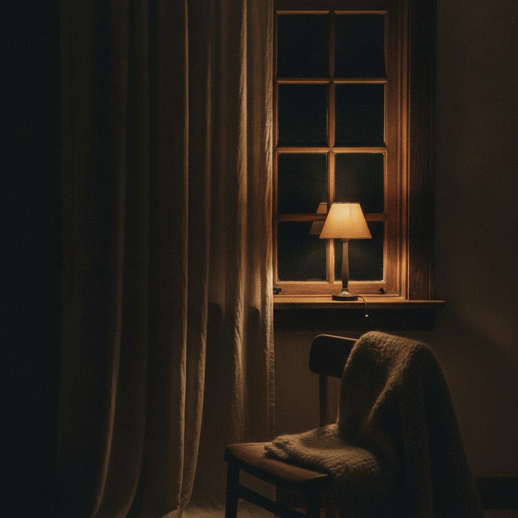 Sprossenfenster aus Holz bei Nacht von innen, davor ein halb zugezogener Leinenvorhang, eine kleine Lampe auf der Fensterbank und ein Stuhl mit Wolldecke