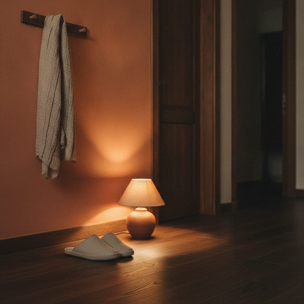 Flur mit dunklen Holzdielen und terrakottafarbener Wand, ein Paar Filzpantoffeln am Boden, ein Leinentuch an der Hakenleiste und eine kleine Tischlampe