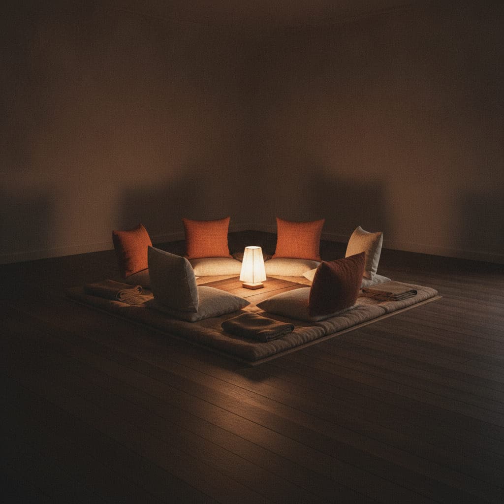 Im Kreis gelegte Bodenkissen und gefaltete Decken auf einer Matte, in der Mitte eine kleine leuchtende Tischlampe in einem dunklen Holzraum
