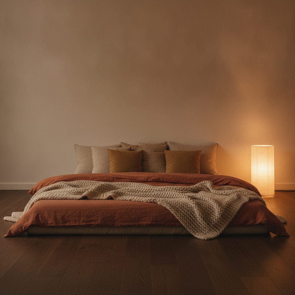 Breite bodennahe Liegefläche mit terrakottafarbenem Leinen, einer groben Strickdecke und hellen Kissen, daneben eine leuchtende Stehlampe aus Papier