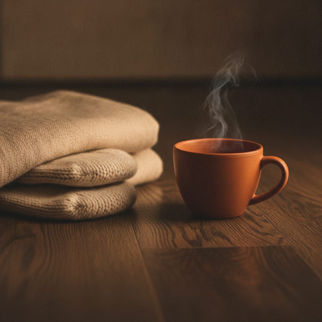 Dampfende Tasse aus terrakottafarbener Keramik auf dunklen Holzdielen, daneben ein Stapel gefalteter Strickdecken